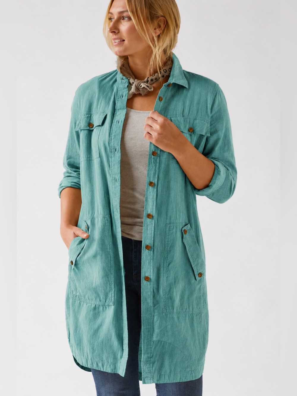 Duluth Trading Co Women's Artisan Hemp Duster Shirt in Aqua Size S